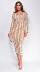 Idalia Beige Abstract Long Sleeve Maxi Dress