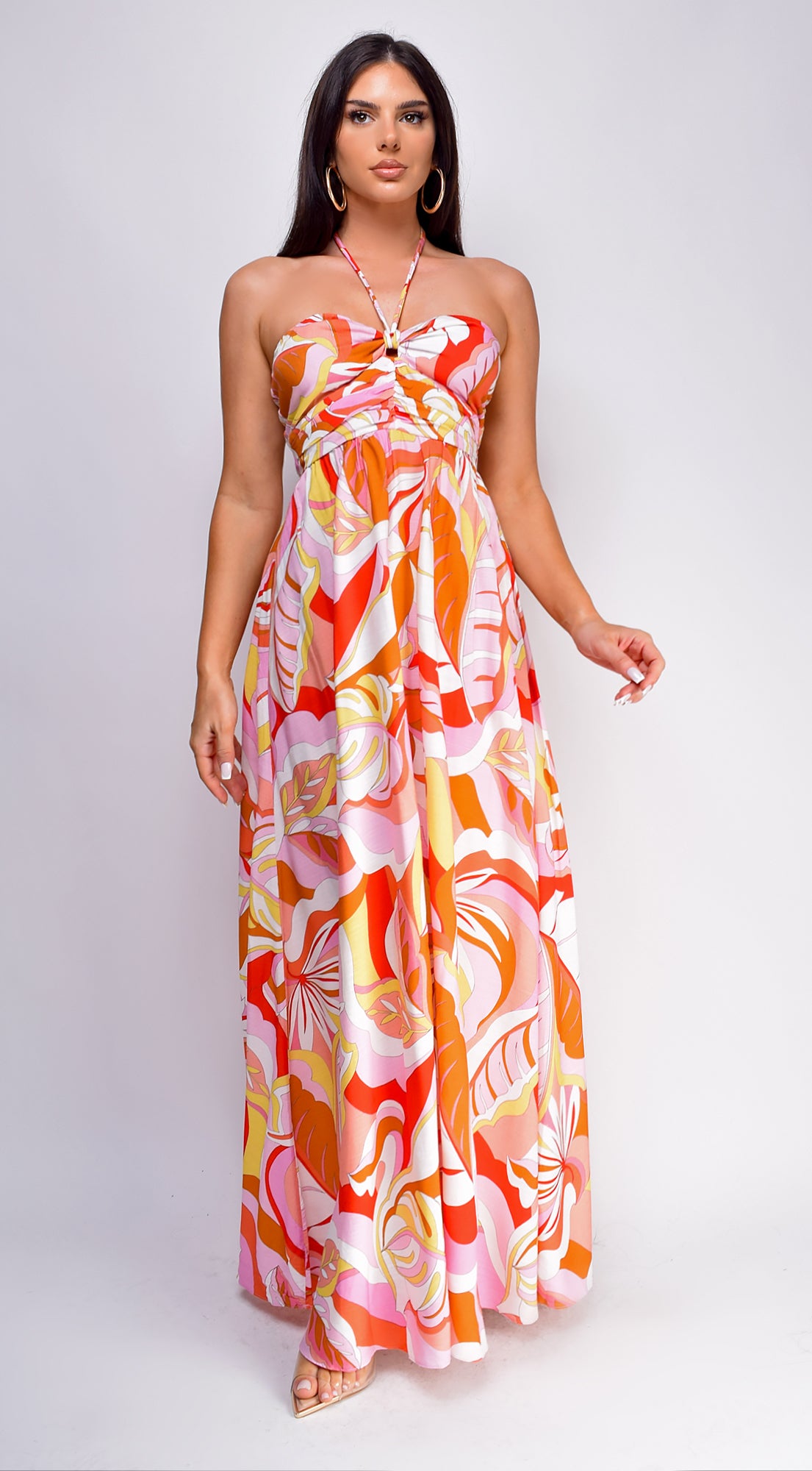 Summer Orange Multi Color Print Maxi Dress