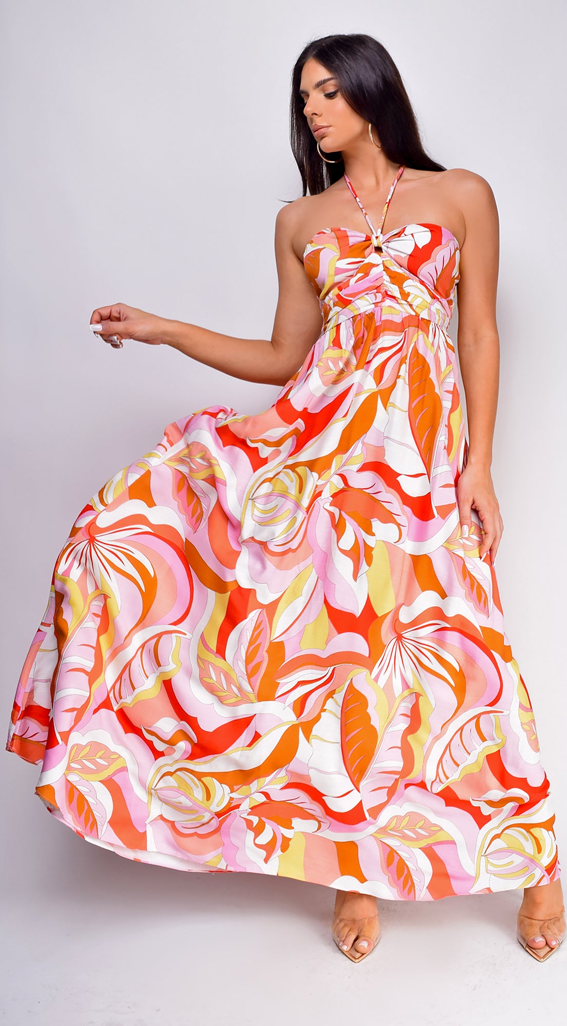 Summer Orange Multi Color Print Maxi Dress