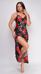 Isabel Black Red Floral Print Satin Cowl Neck Maxi Dress