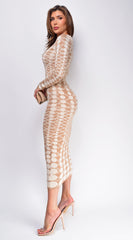 Idalia Beige Abstract Long Sleeve Maxi Dress