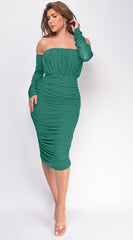 Annora Mesh Long Sleeve Ruched Midi Dress - Green