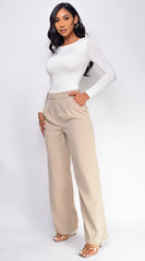 Theron Taupe Beige Pintuck Wide Leg Pants