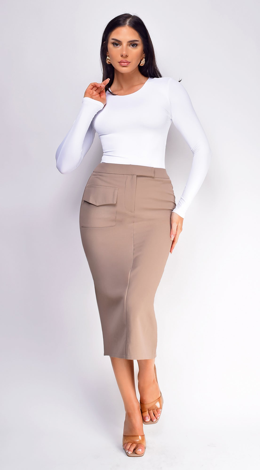 Hailey Front Pocket Midi Skirt - Beige