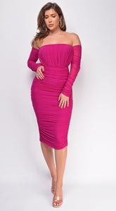 Annora Mesh Long Sleeve Ruched Midi Dress - Pink