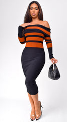 Robyn Stripe Ribbed Off Shoulder Midi Dress - Black