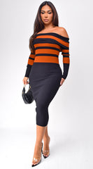 Robyn Stripe Ribbed Off Shoulder Midi Dress - Black