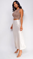 Ophelia Satin Slip Midi Skirt - Beige
