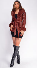 Ekaterina Brown PU Leather Belted Coat