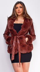 Ekaterina Brown PU Leather Belted Coat