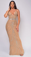 Petra Beige Rhinestone Mesh Maxi Dress