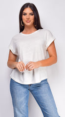 Valeria Basic Linen T-Shirt Top - White