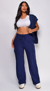 Mina French Terry Straight Cargo Pocket Joggers - Navy