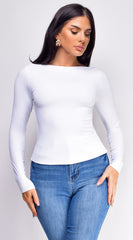 Rhylie White Basic Boat Neck Long Sleeve Top