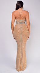 Petra Beige Rhinestone Mesh Maxi Dress