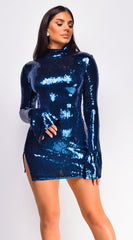 Noor Blue High Neck Sequin Mini Dress