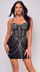 Katja Black Rhinestone Mesh Corset Mini Dress