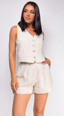 Parsa Beige Linen Vest Shorts Set