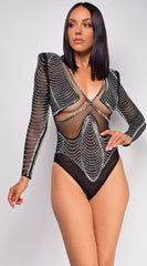 Yesly Black Rhinestone Mesh Long Sleeve Bodysuit