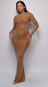 Emiliana Rhinestone Pearl Maxi Dress - Brown