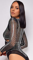 Yesly Black Rhinestone Mesh Long Sleeve Bodysuit