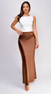 Ophelia Satin Slip Midi Skirt - Brown