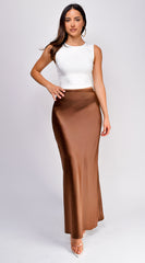 Ophelia Satin Slip Midi Skirt - Brown