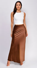 Ophelia Satin Slip Midi Skirt - Brown