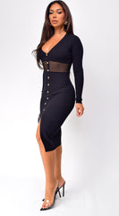 Desma V Neck Button Detail Midi Dress - Black