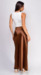 Ophelia Satin Slip Midi Skirt - Brown