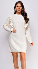 Juno Long Sleeve Ruffle Detail Sweater Mini Dress - Ivory