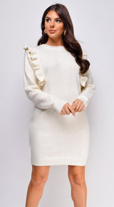 Juno Long Sleeve Ruffle Detail Sweater Mini Dress - Ivory