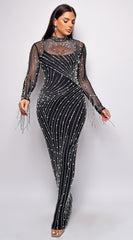 Emiliana Rhinestone Pearl Maxi Dress - Black