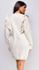 Juno Long Sleeve Ruffle Detail Sweater Mini Dress - Ivory