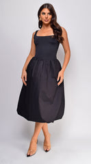 Branka Mixed Media Balloon Midi Dress - Black