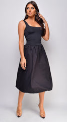 Branka Mixed Media Balloon Midi Dress - Black