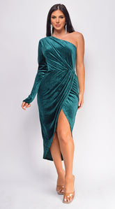 Miranda Green One Shoulder Velvet Midi Dress
