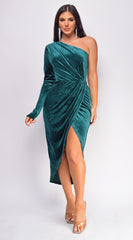 Miranda Green One Shoulder Velvet Midi Dress