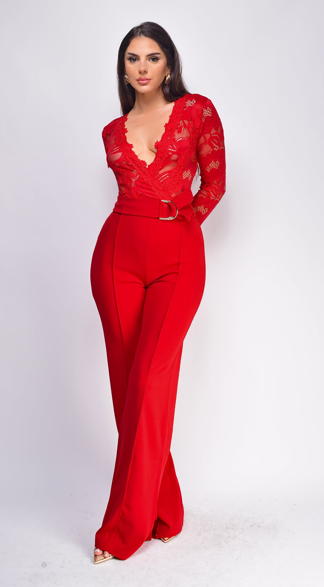 Milani Long Sleeve Lace Crochet Jumpsuit - Red