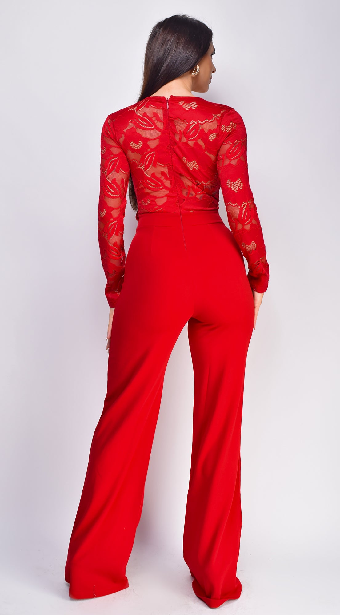 Milani Long Sleeve Lace Crochet Jumpsuit - Red