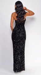 Noir Black Strapeless Velvet Sequin Slit Maxi Dress