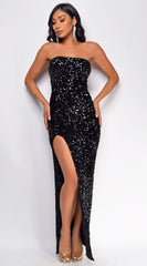 Noir Black Strapeless Velvet Sequin Slit Maxi Dress