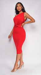 Nat One Shoulder Front Knot Midi Dress - Red