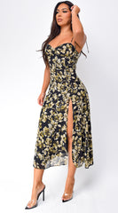 Nikkie Floral Print Side Slit Midi Dress - Black