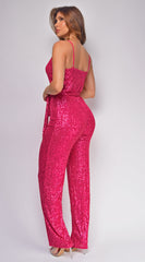 Kyla Hot Pink Surplice Sequin Jumpsuit