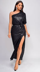 Ever One Shoulder Sequin Maxi Dress - Black