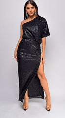 Ever One Shoulder Sequin Maxi Dress - Black