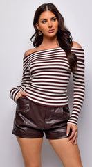 Pasadena Off Shoulder Ribbed Top - Brown