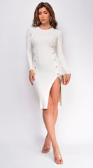 Sophina Off White Long Sleeve Ribbed Side Slit Midi Dress
