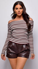 Pasadena Off Shoulder Ribbed Top - Brown